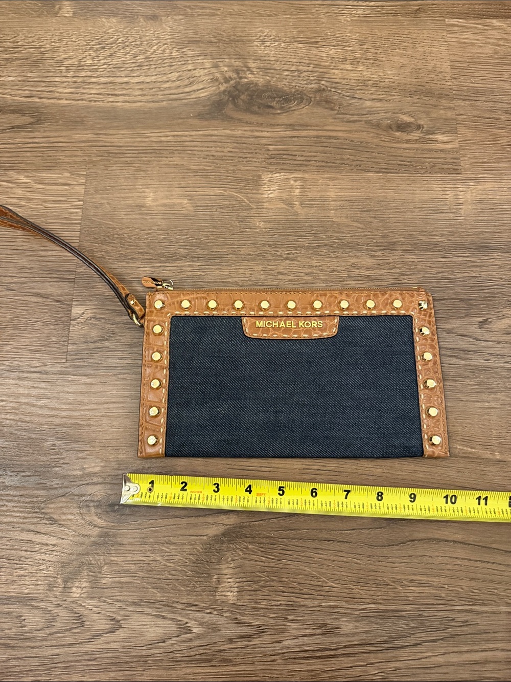 Michael Kors Selma Navy Denim Canvas Wristlet wallet with Brown Studded Trim